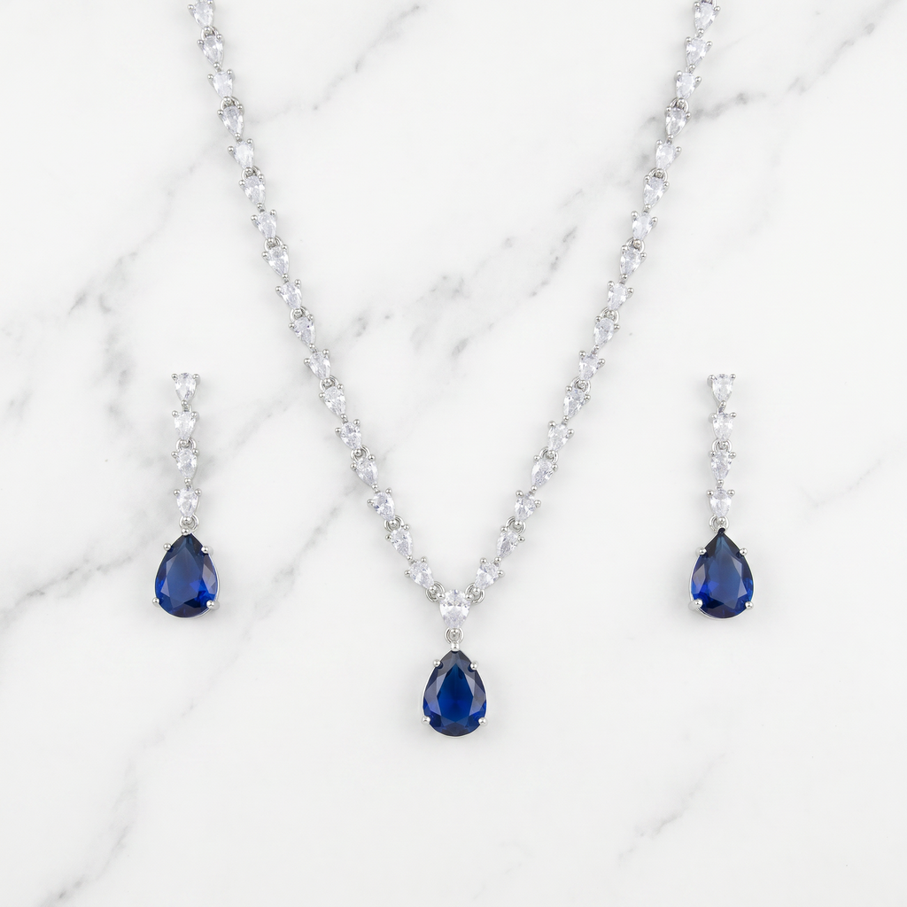 Blue Sapphire Drop AD Necklace with CZ Chain