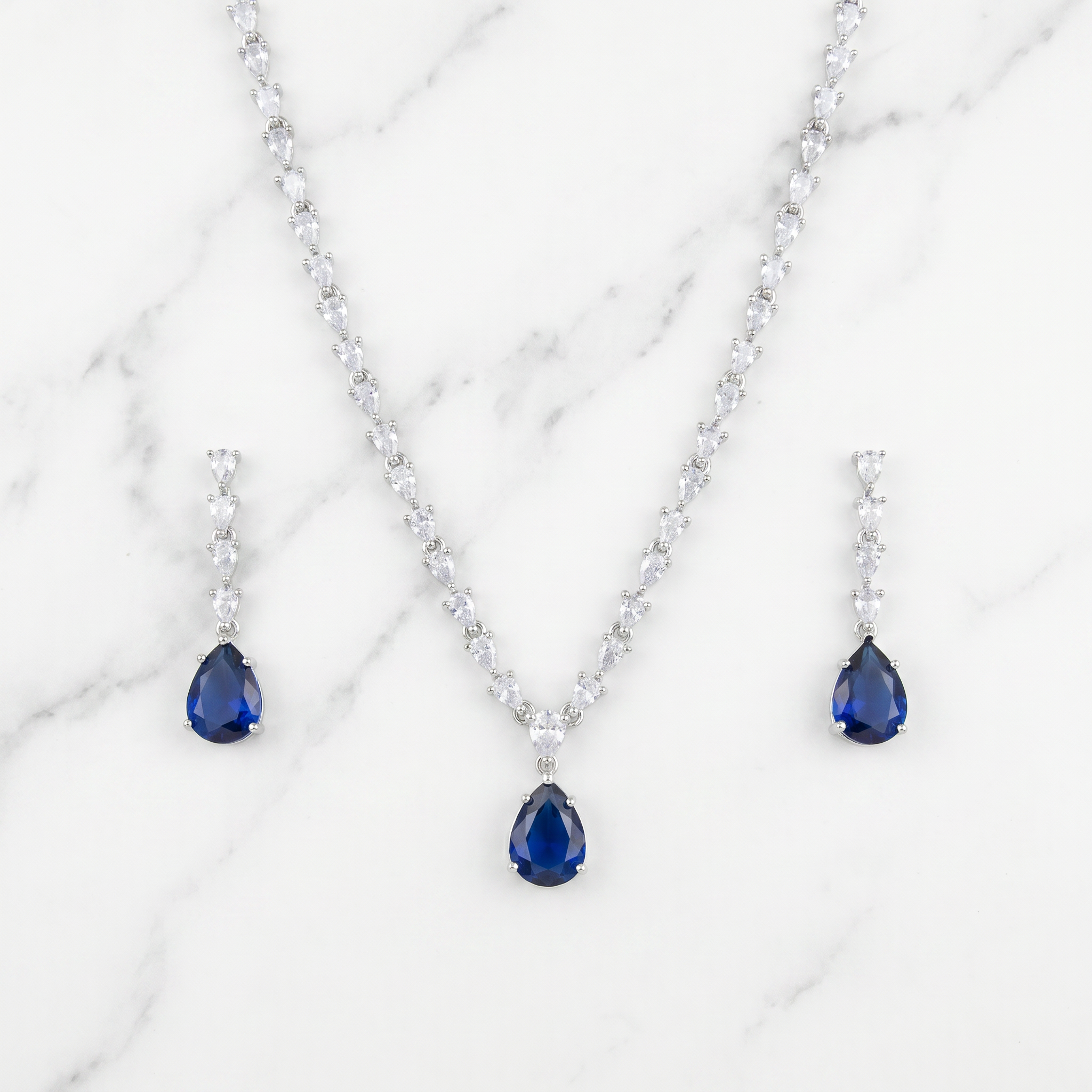 Blue Sapphire Drop AD Necklace with CZ Chain