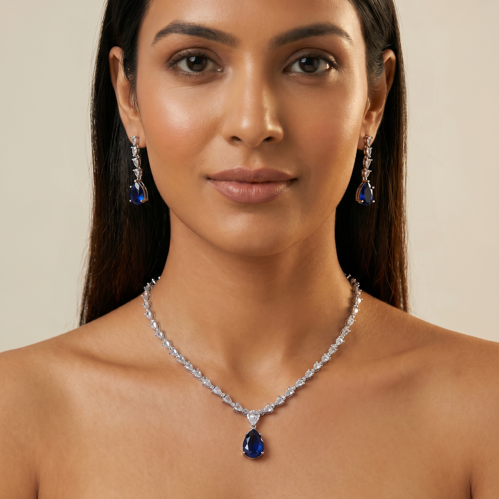 Blue Sapphire Drop AD Necklace with CZ Chain