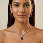 Blue Sapphire Drop AD Necklace with CZ Chain