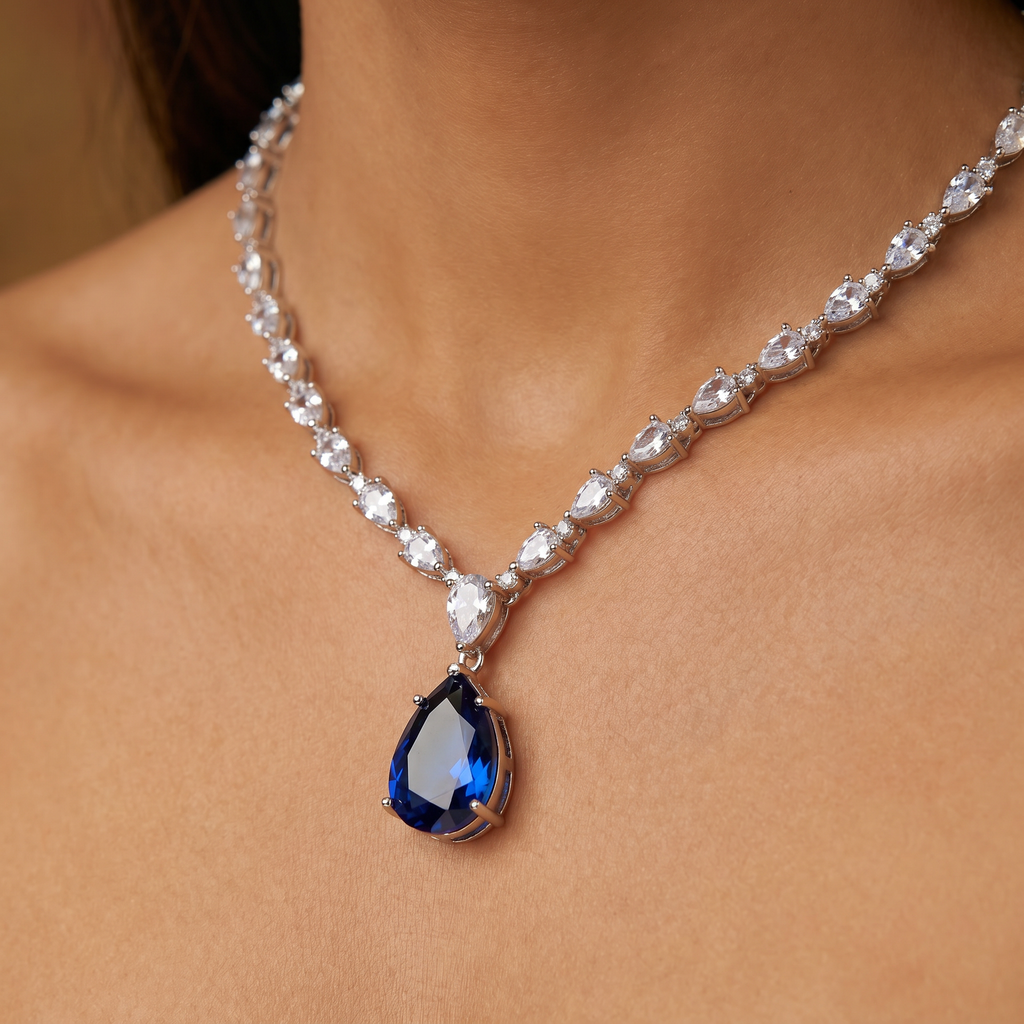 Blue Sapphire Drop AD Necklace with CZ Chain