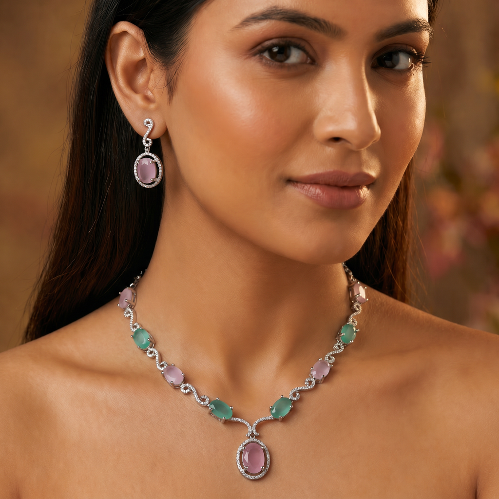 Pink & Green Dual Stone AD Necklace Set with Earrings