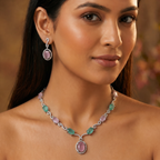 Pink & Green Dual Stone AD Necklace Set with Earrings