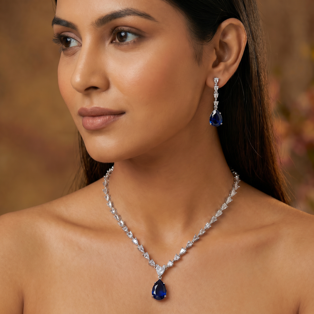 Blue Sapphire Drop AD Necklace with CZ Chain