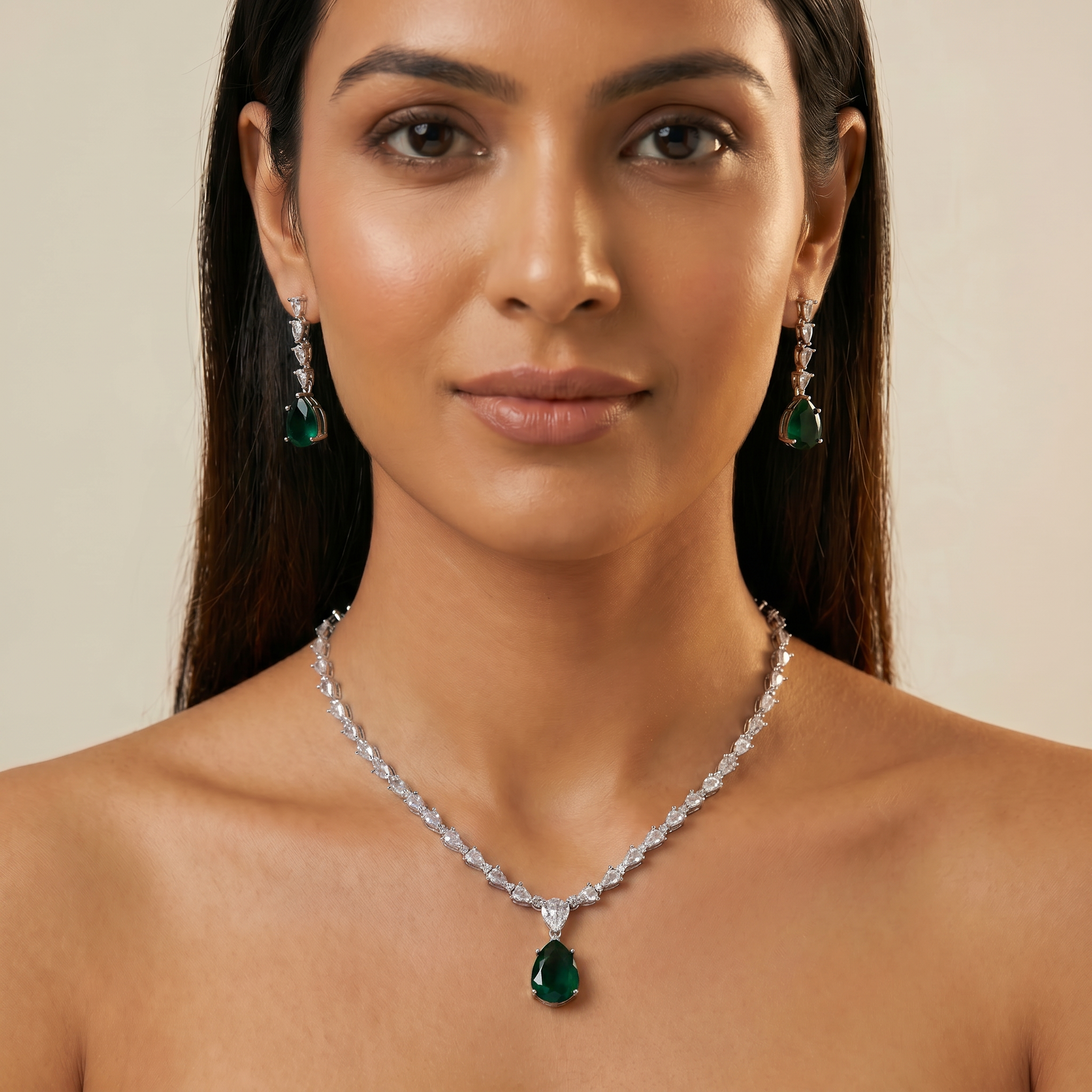 Blue Sapphire Drop AD Necklace with CZ Chain