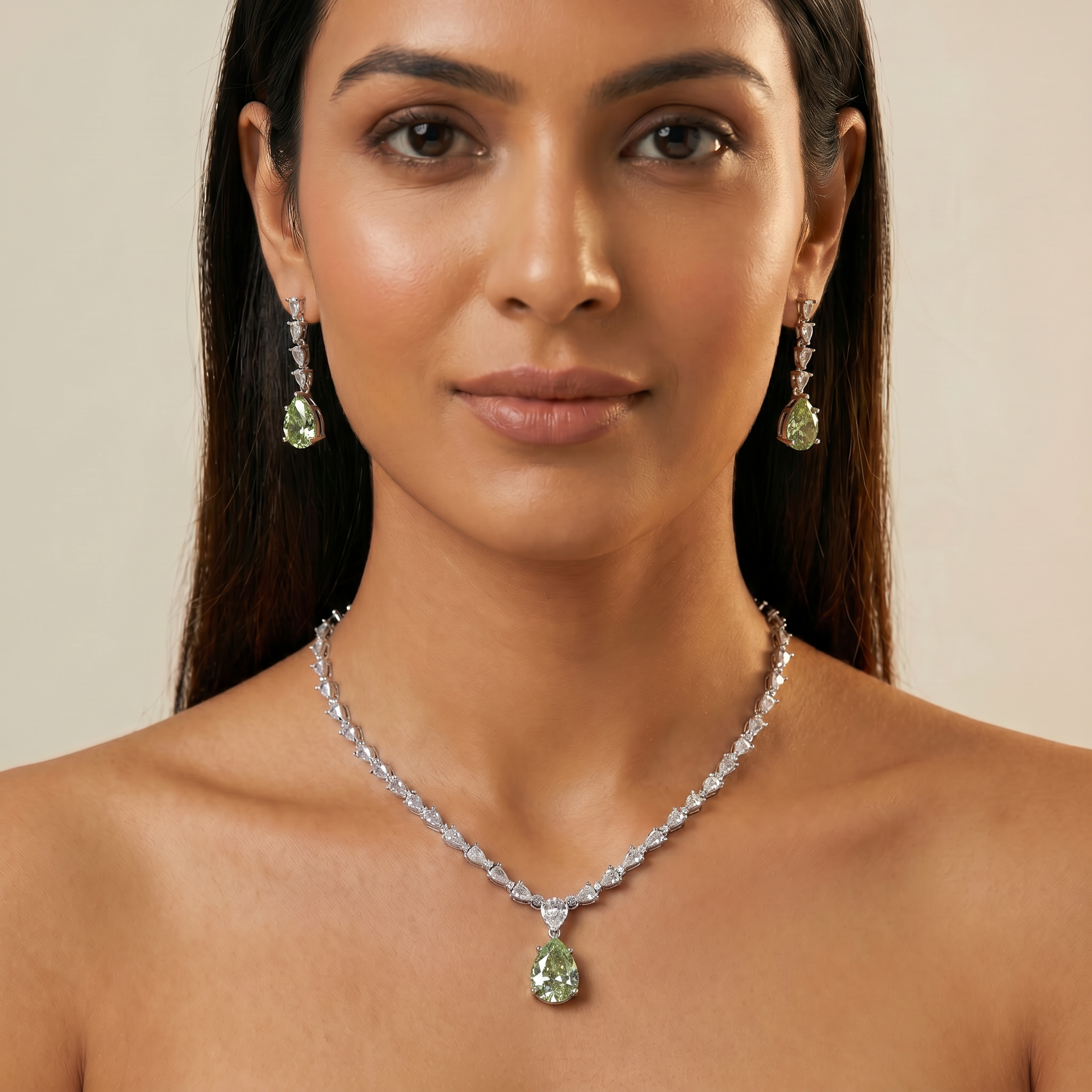 Blue Sapphire Drop AD Necklace with CZ Chain