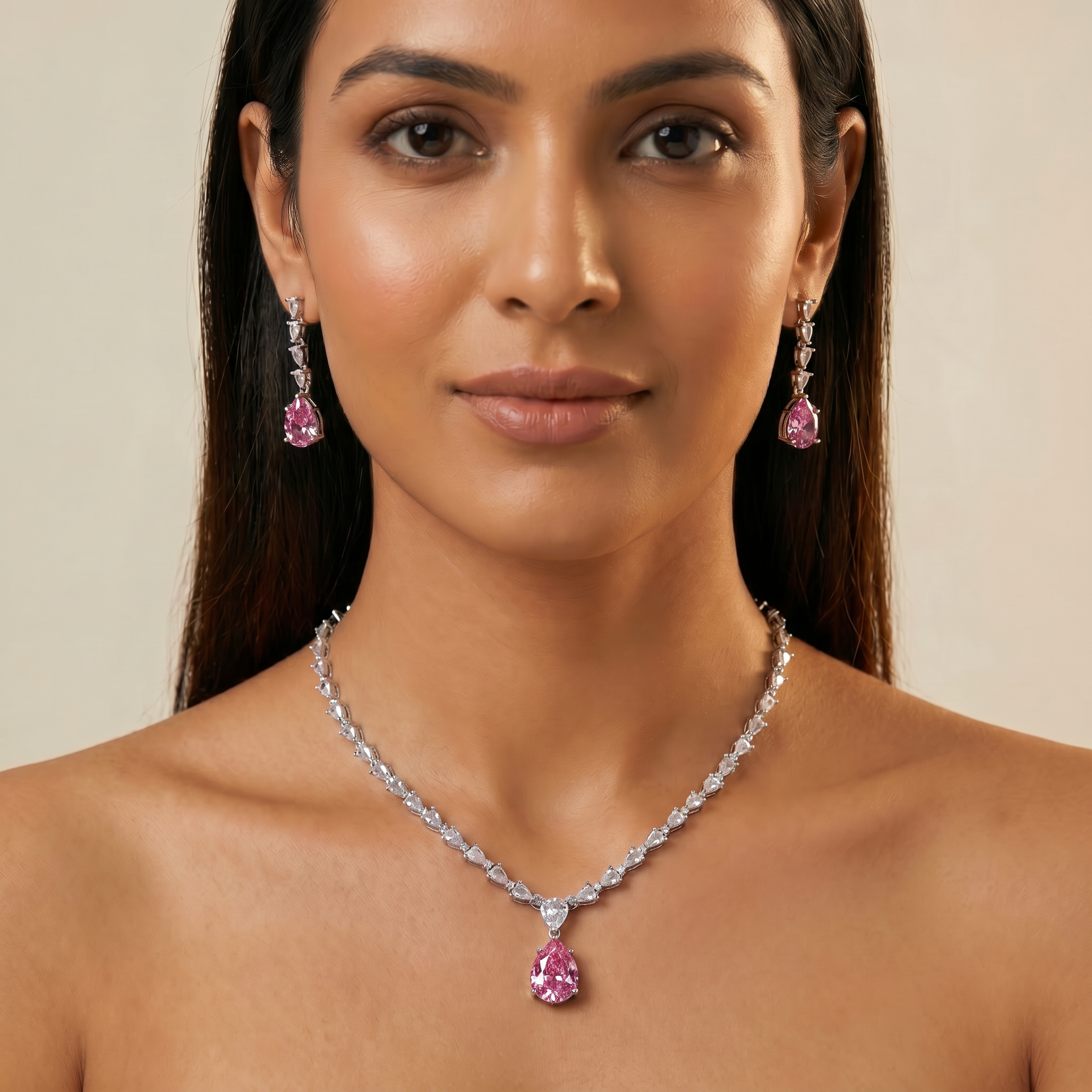 Blue Sapphire Drop AD Necklace with CZ Chain